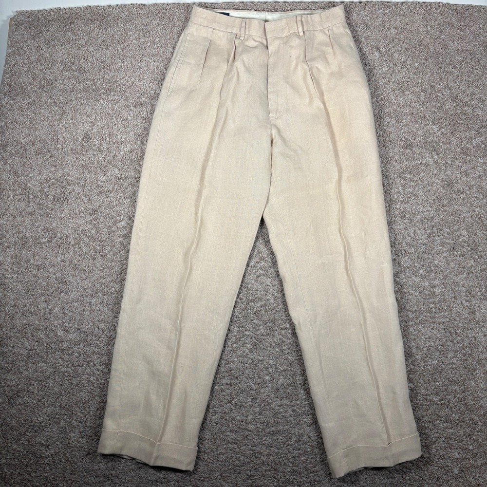 Polo Ralph Lauren Mens Tan Linen Double Pleated Cuffed Trousers 31x30 4832113RG